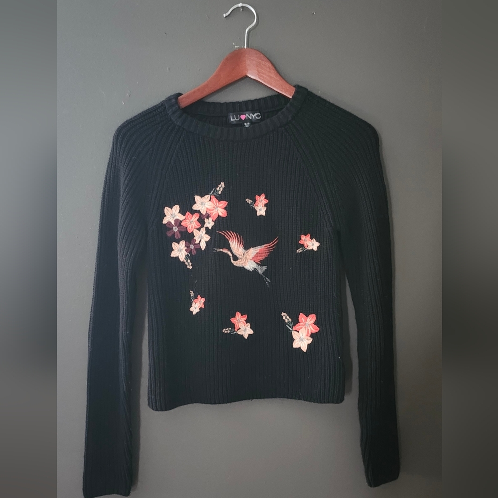 Black Sweater with Asian Floral & Crane Embroidery